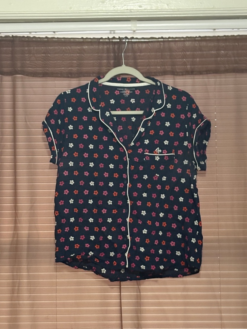 Tommy Hilfiger Navy Floral Short-Sleeve Button-Up Pajama Top with White Piping L